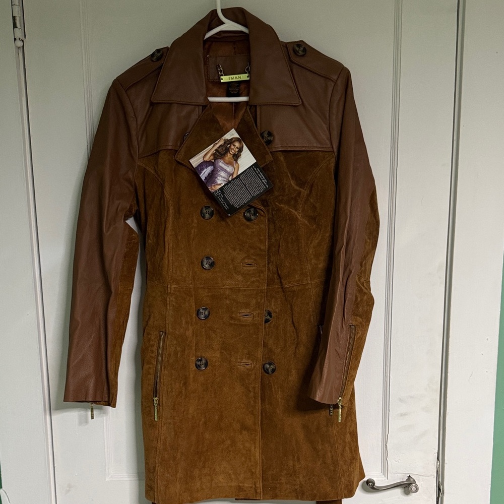 IMAN Brown Suede and Leather Double-Breasted Coat
